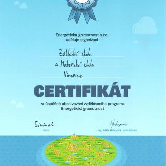 Certifikát „Energeticky gramotná škola“ 1